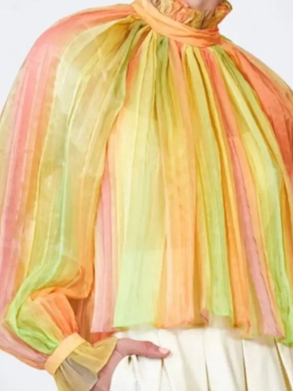 Hunter Bell Savannah Pleated Mock Neck Long Blouson Sleeves Top Pastel